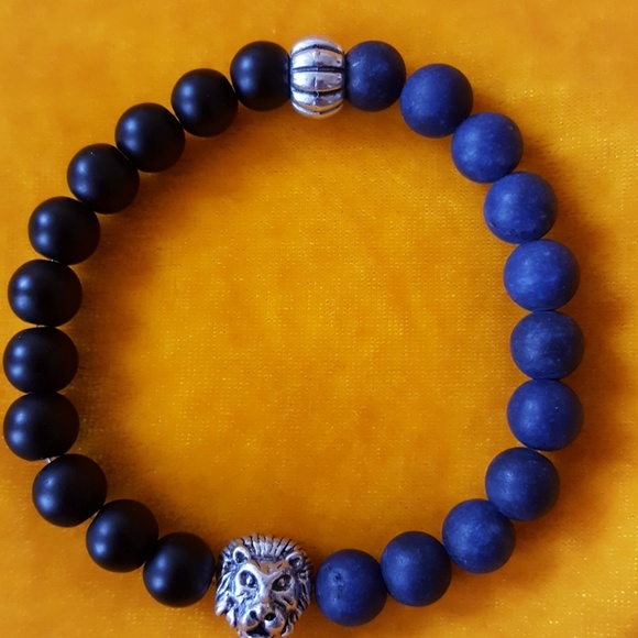 🖤🖤MENS BLACK&NAVY BLUE ONYX&LION HEAD BRACELET - Picture 7 of 7